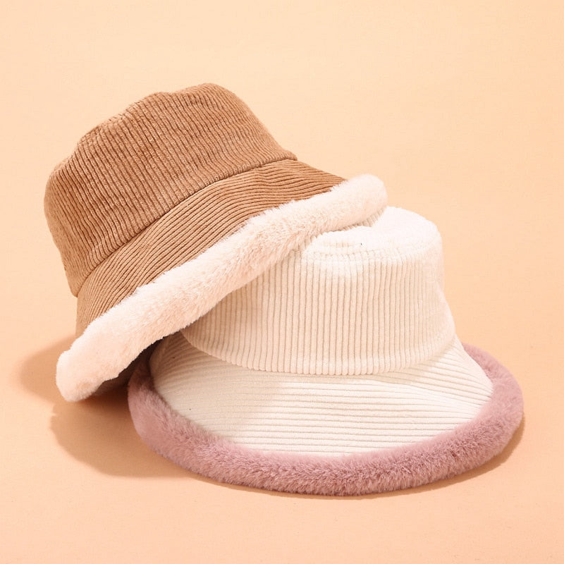 Corduroy Fur Rimmed Bucket Hat