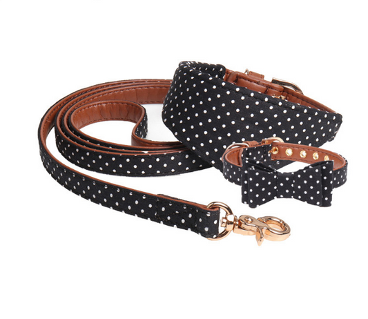 Black Polka Dot Dog Collar Bow Tie and Leash