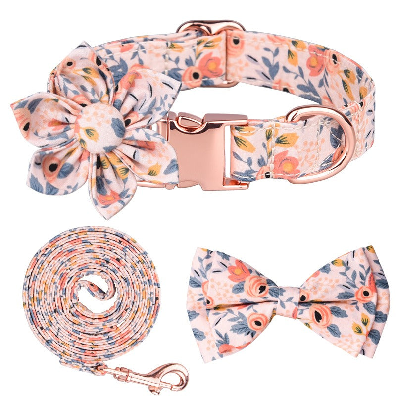Peachy Floral Pet Collar Bowtie Leash Set 4pcs Set