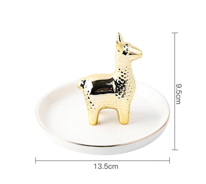 Decorative Ceramic Jewelry Holders White plate+golden alpaca (plate 13cm)