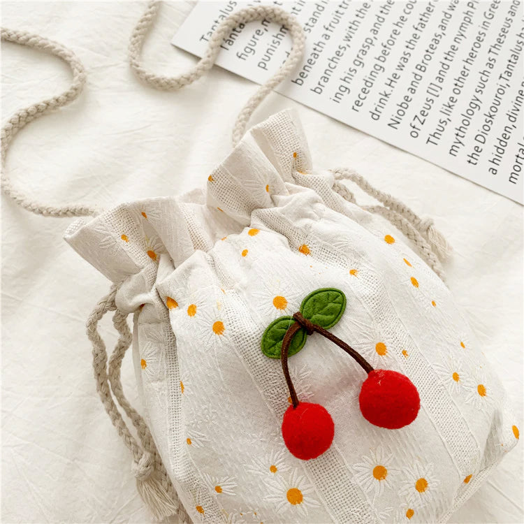 Cherry Sunflowers Cottage Style Drawstring Purse