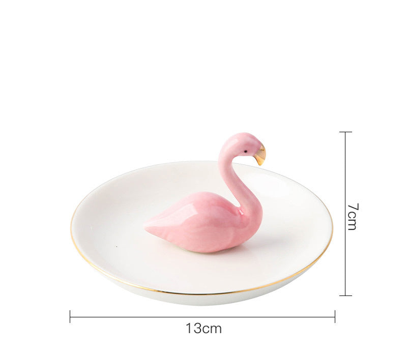 Decorative Ceramic Jewelry Holders White plate+Flamingo (plate 13cm)