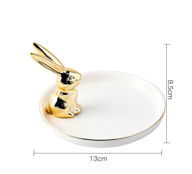 Decorative Ceramic Jewelry Holders White Plate Golden Rabbit Side (Plate 13cm)