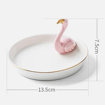 Decorative Ceramic Jewelry Holders White Plate Side Flamingo (Plate 14cm)