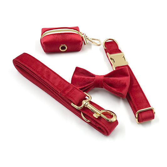 Red Velour Dog Leash and Collar Set 4 Pcs Set