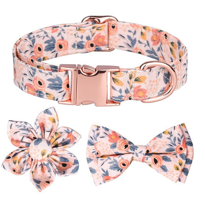 Peachy Floral Pet Collar Bowtie Leash Set 3pcs Set