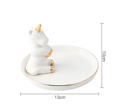 Decorative Ceramic Jewelry Holders White coiled unicorn side (plate 13cm)