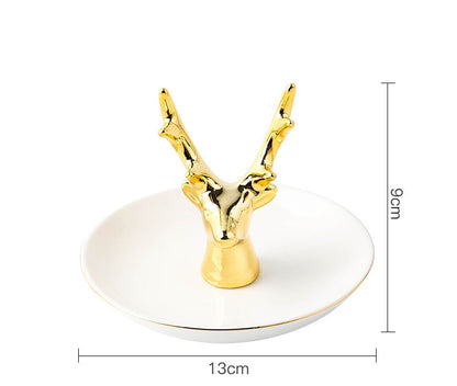 Decorative Ceramic Jewelry Holders White Plate+Deer Head Horn (Plate 13cm)