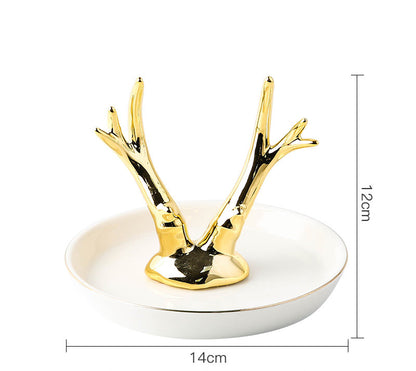 Decorative Ceramic Jewelry Holders White plate+large antler (plate 14cm)