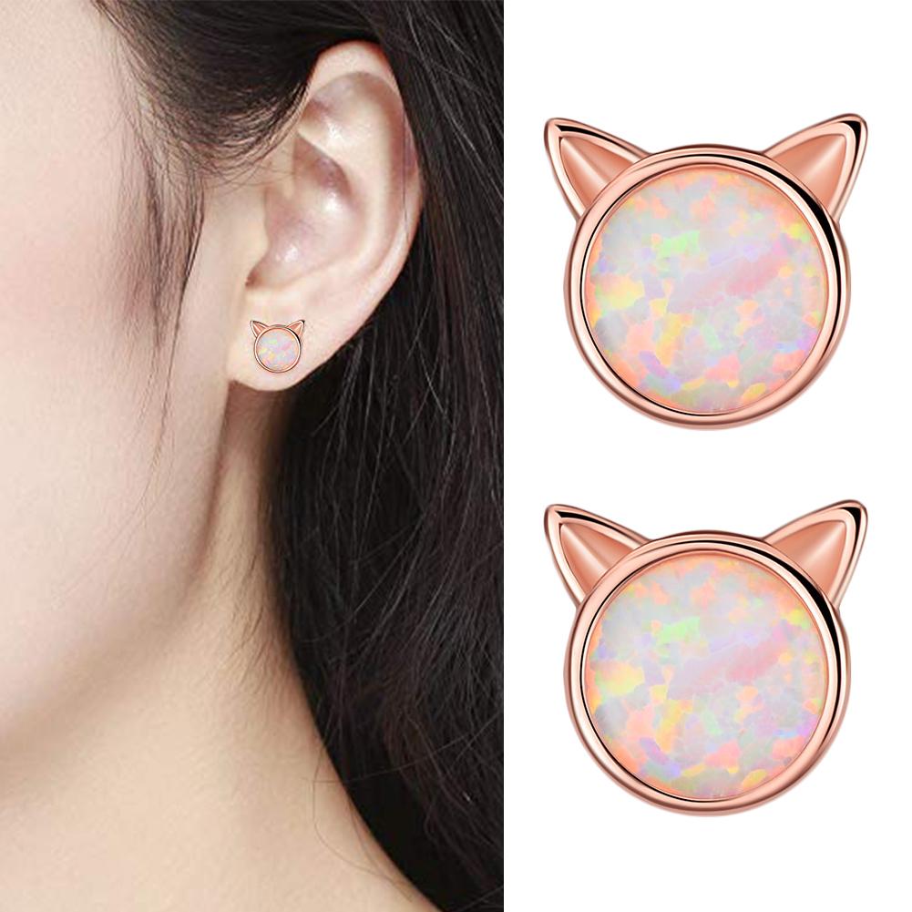 Silver Plated Faux Opal Cat Stud Earrings