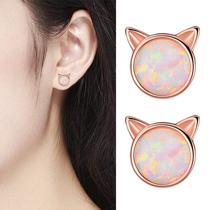 Silver Plated Faux Opal Cat Stud Earrings