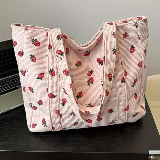 Strawberries Corduroy Large Capacity Handbag