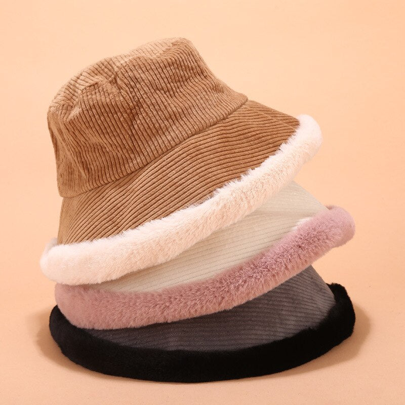 Corduroy Fur Rimmed Bucket Hat