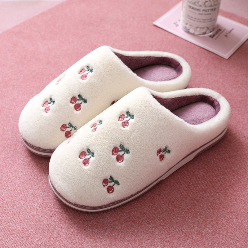 Embroidered Fruit Plush Indoor House Slippers