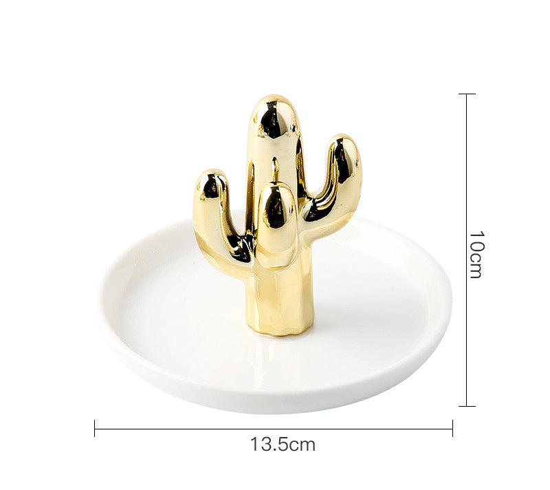 Decorative Ceramic Jewelry Holders White Plate+Gold Cactus (Plate 13cm)