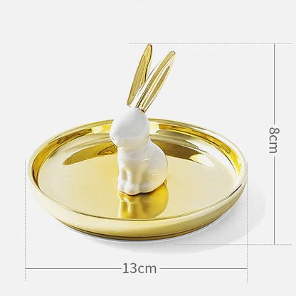 Decorative Ceramic Jewelry Holders Gold plate+white rabbit (plate 13cm)