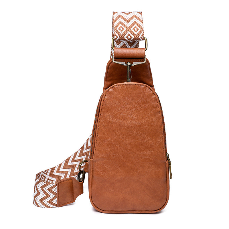 Vegan Leather Boho Chest Bag with Woven Strap Brown