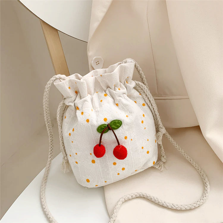 Cherry Sunflowers Cottage Style Drawstring Purse