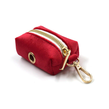 Red Velour Dog Leash and Collar Set Poop Bag M