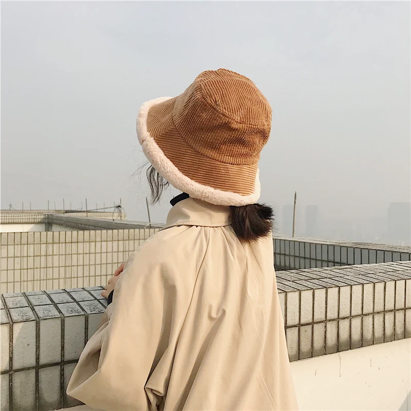 Corduroy Fur Rimmed Bucket Hat