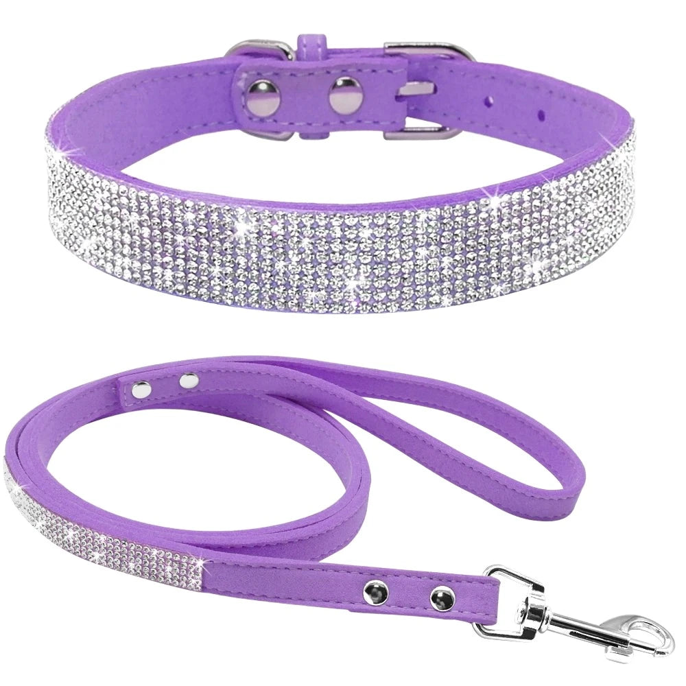 Rhinestone Small Dog Collar and Leash Purple
