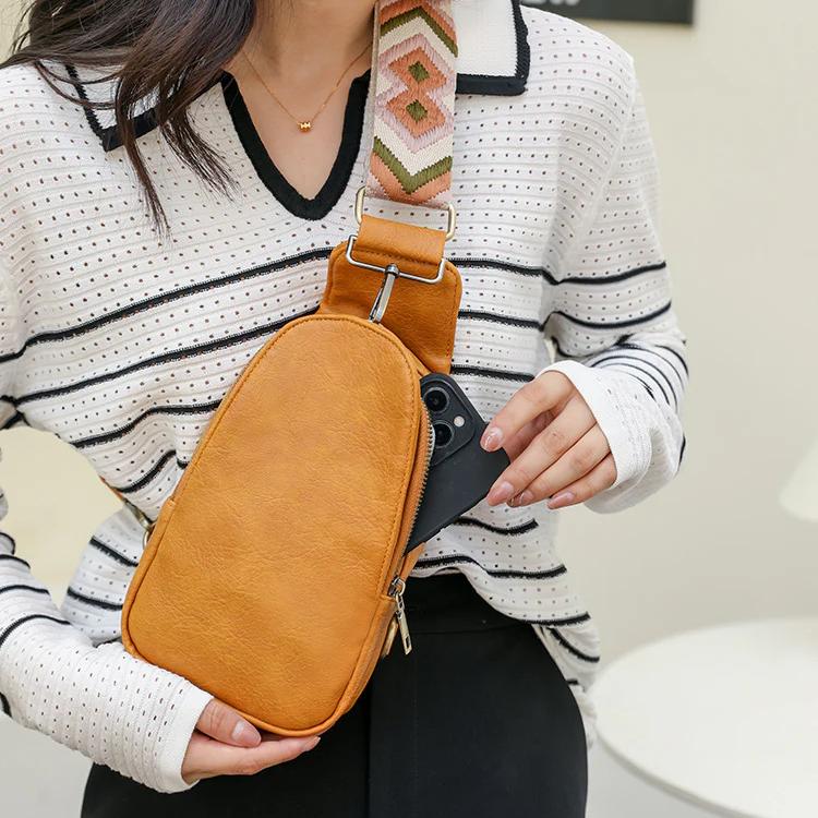 Vegan Leather Chest Bag with Boho Woven Strap