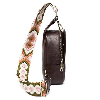 Vegan Leather Chest Bag with Boho Woven Strap