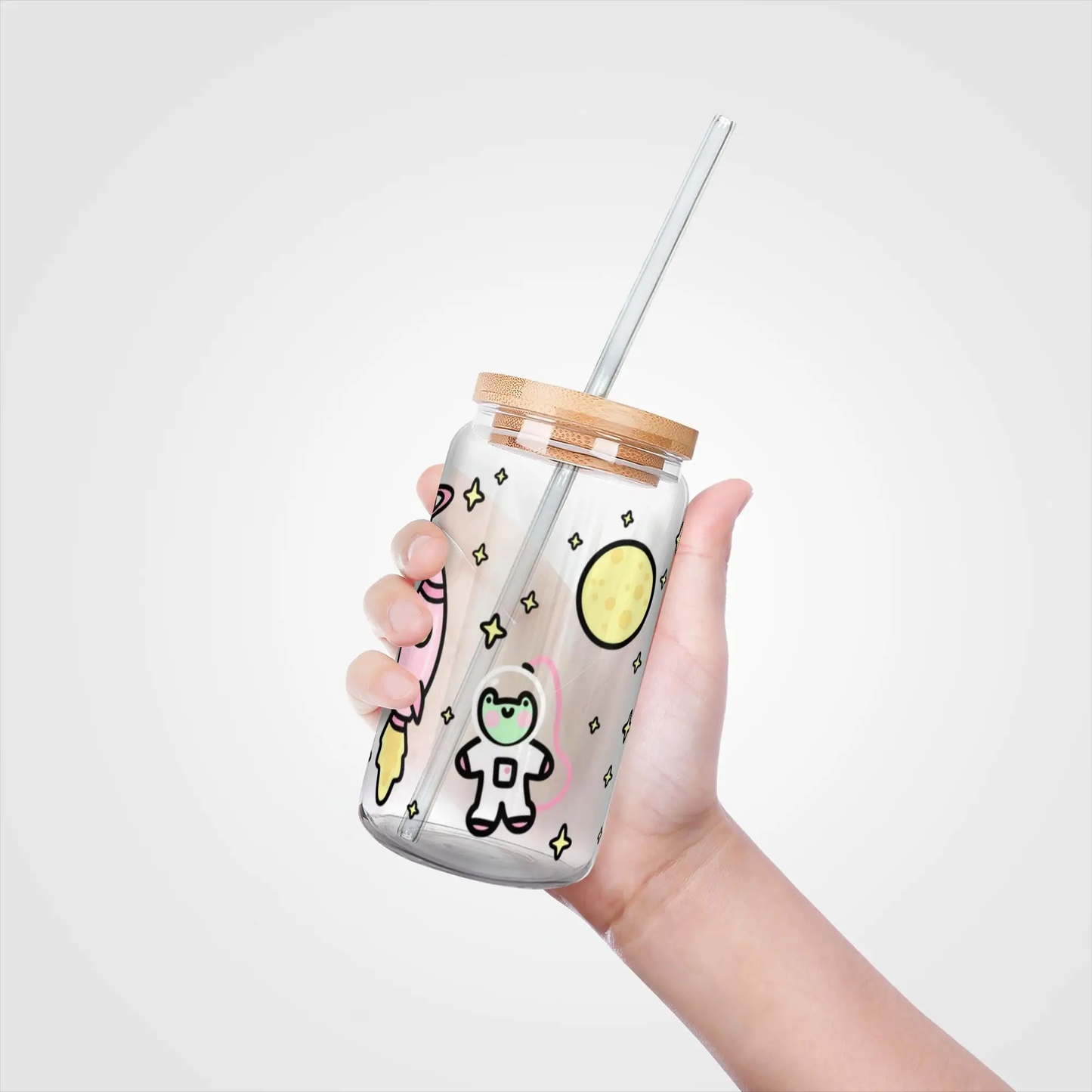 Frog Astronaut Soda Can Glass with Reusable Straw and Lid
