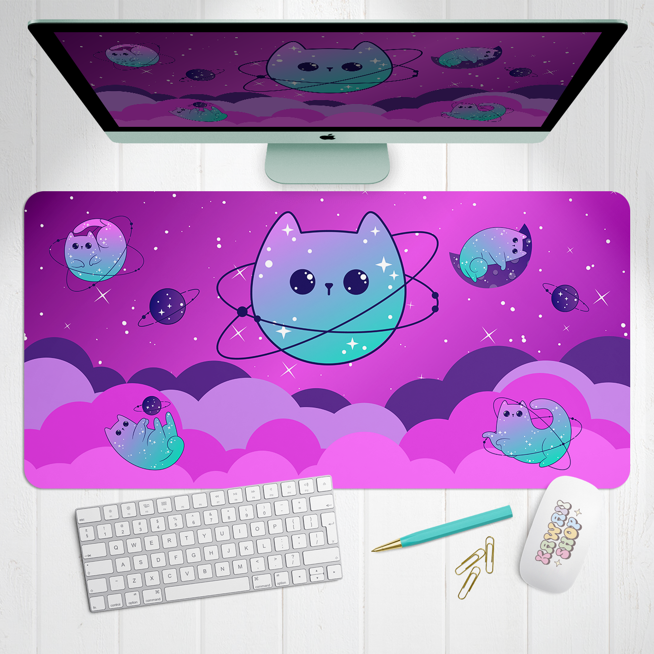 Celestial Kitties X-Large Desk Mat Gaming Mousepad 18x36"