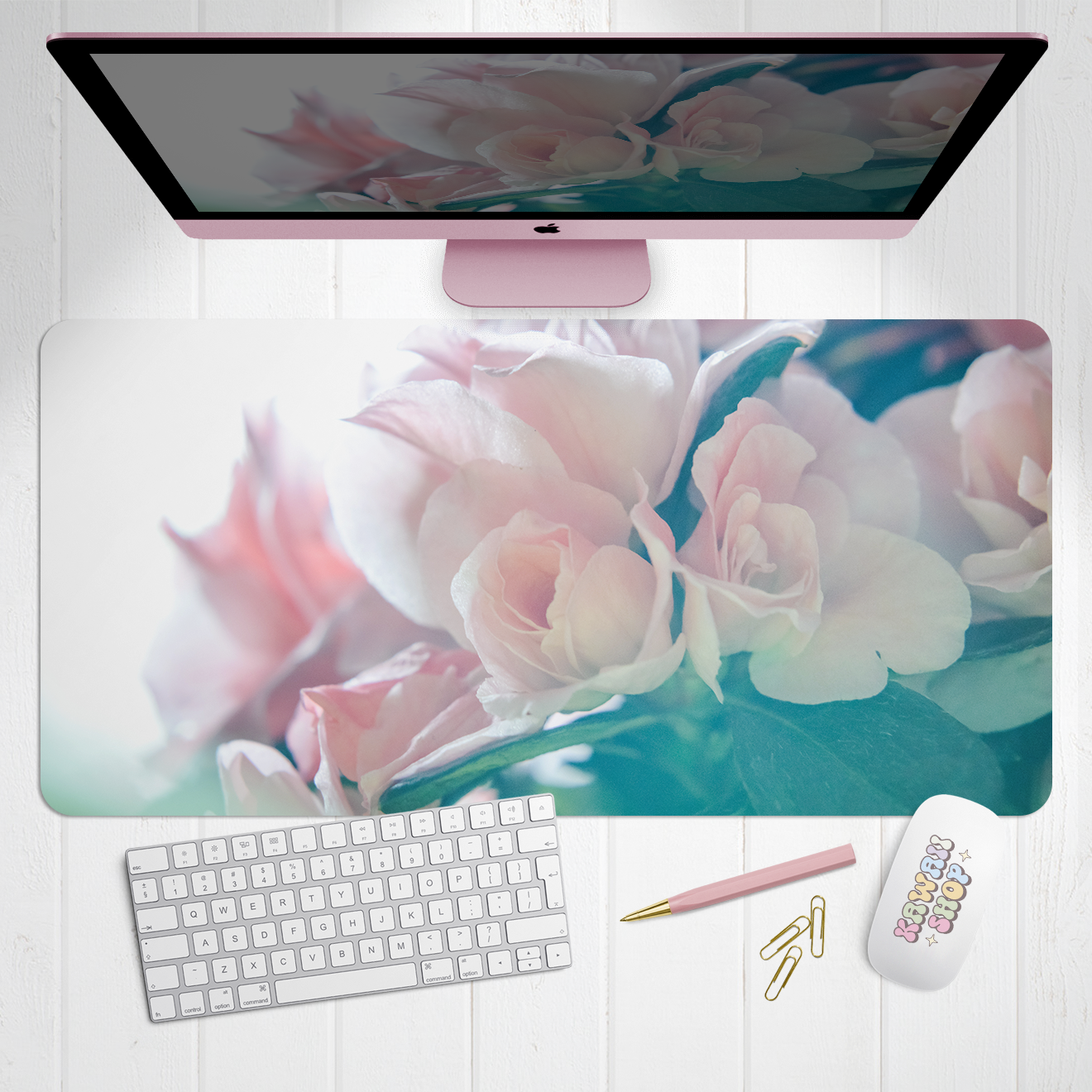 Pink Roses X-Large Desk Mat Gaming Mousepad 18x36"