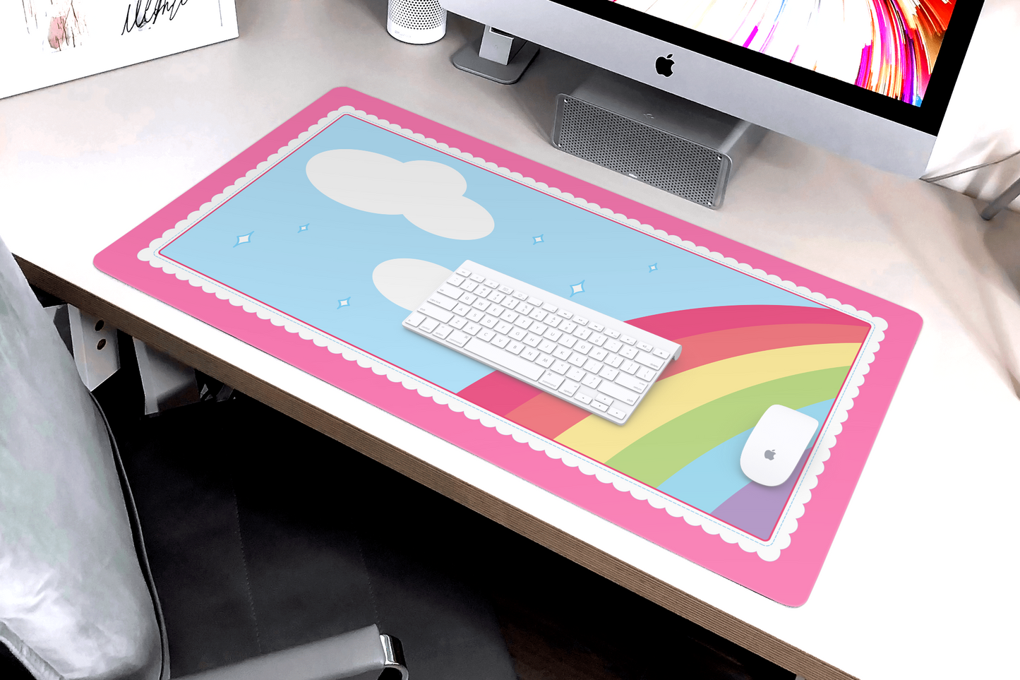 Bright Kawaii Rainbow X-Large Desk Mat Gaming Mousepad 18x36"