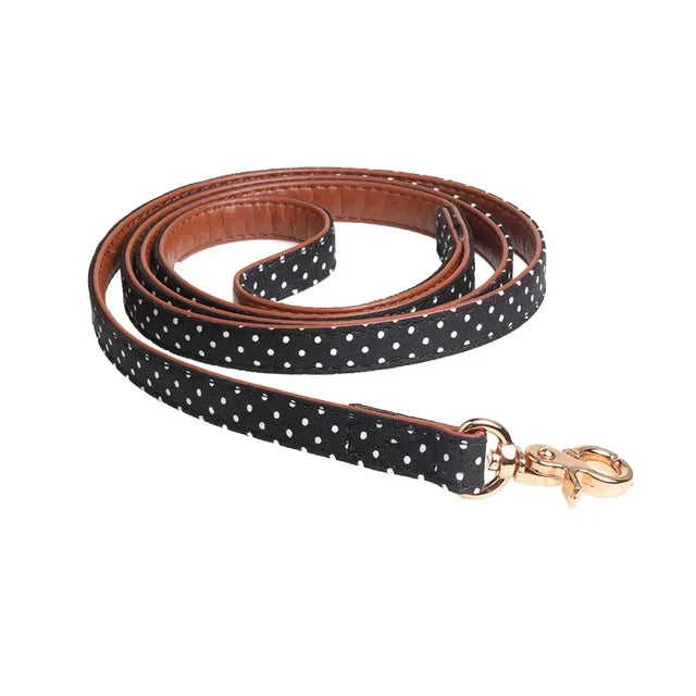 Black Polka Dot Dog Collar Bow Tie and Leash Black Leash One Size