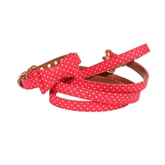 Red Polka Dot Dog Collar Bow Tie and Leash